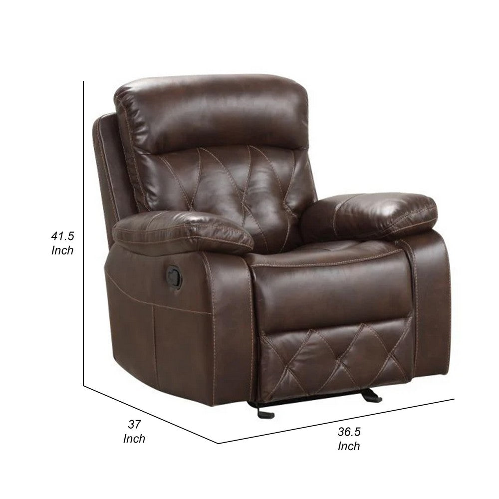 Benjara Kesy Manual Glider Recliner Chair, Pillow Top Arms, Brown Faux Leather