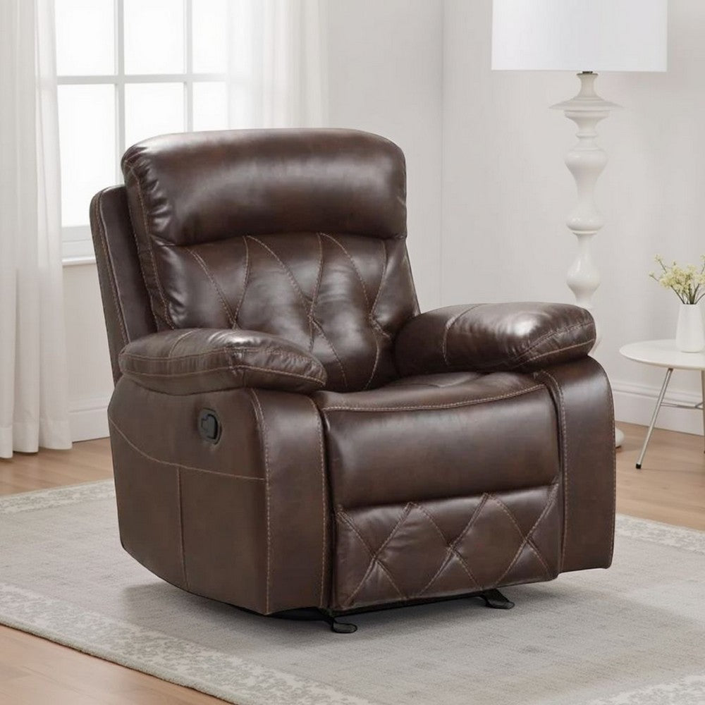 Benjara Kesy Manual Glider Recliner Chair, Pillow Top Arms, Brown Faux Leather