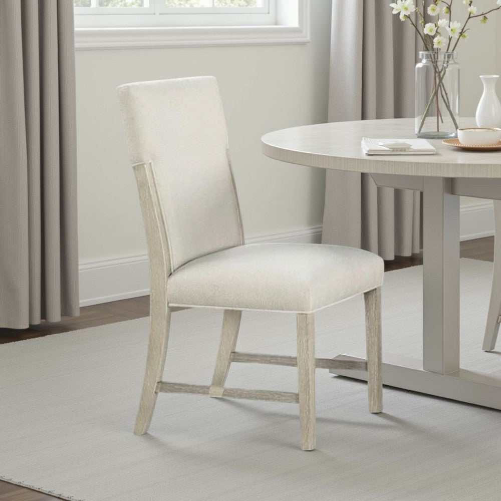 Benjara Hagy Side Dining Chair Set of 2, Natural Brown Solid Wood, Soft White Fabric