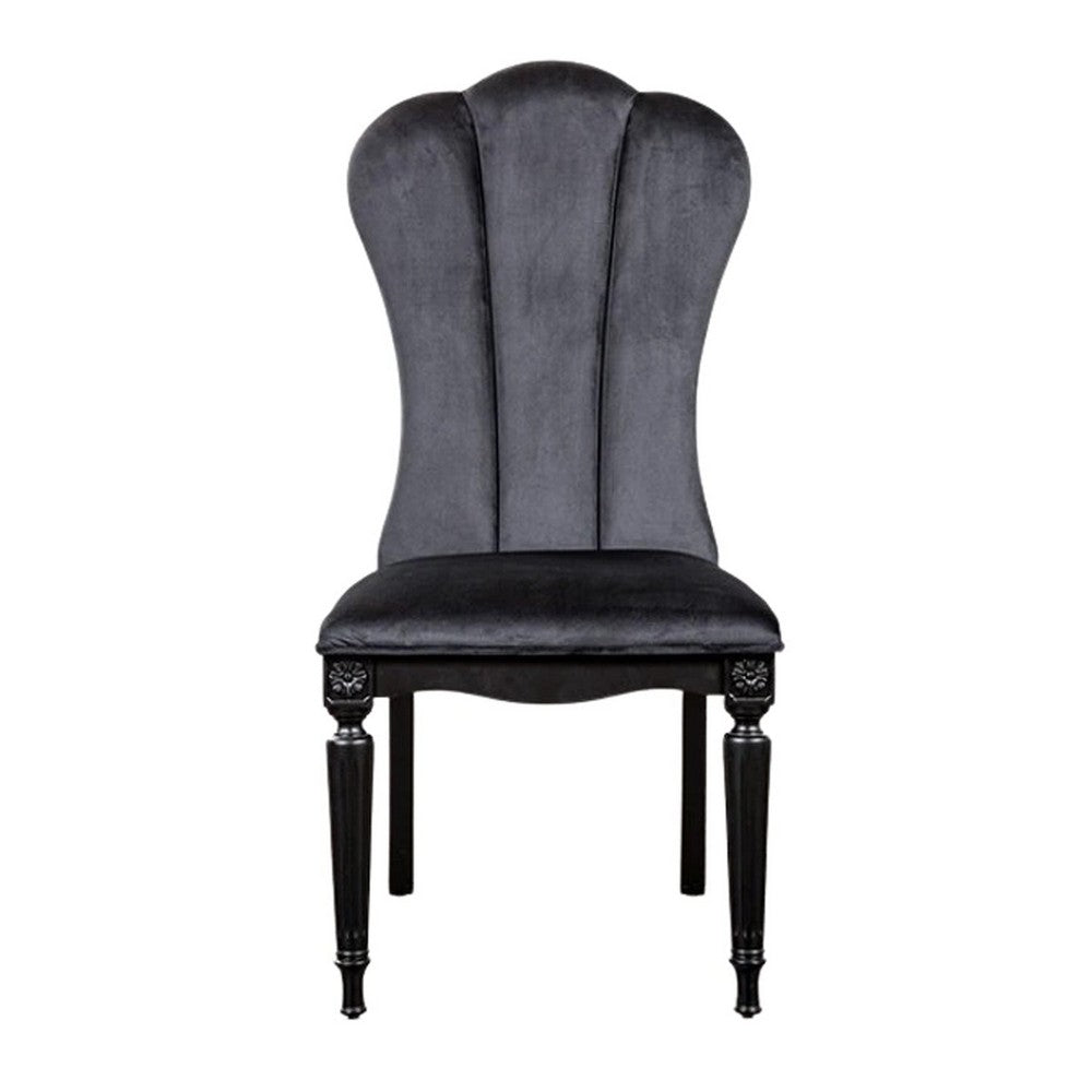 Benjara Hixe Side Dining Chair Set of 2, Scalloped, Turned Fluted Wood Legs, Black