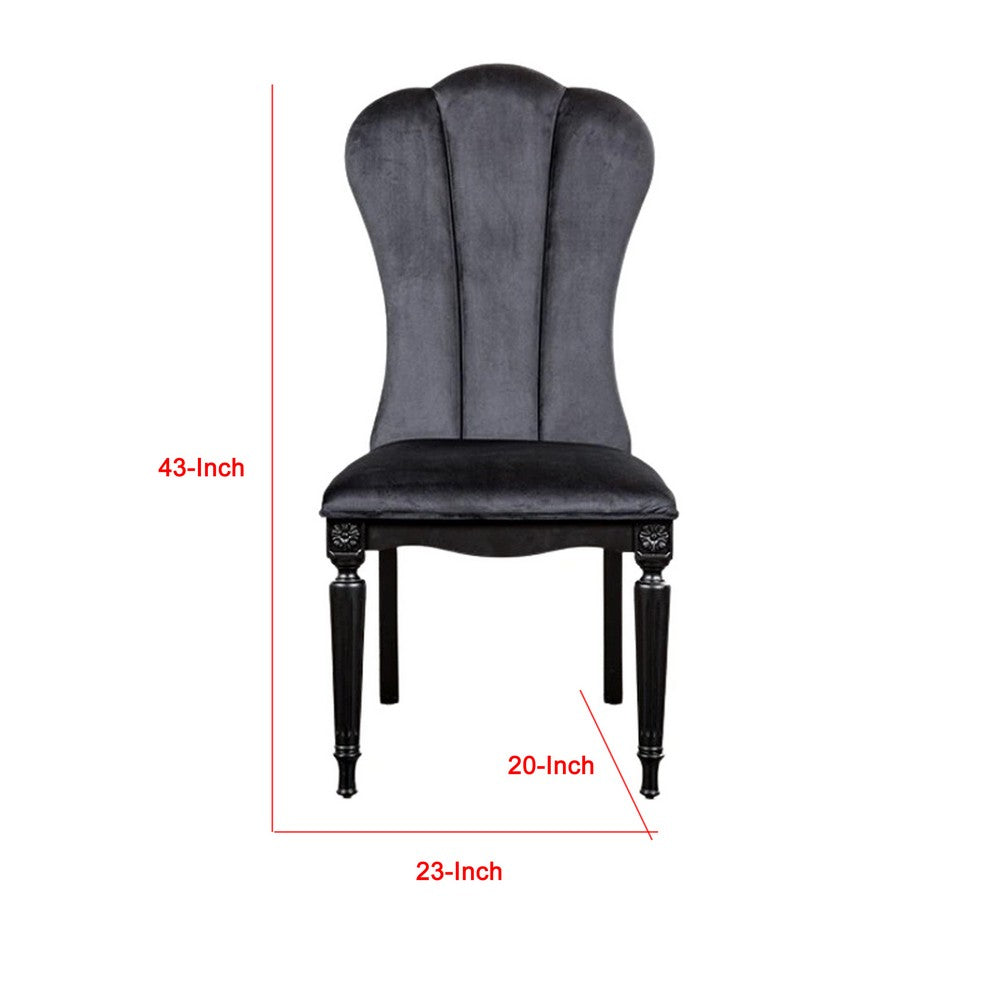 Benjara Hixe Side Dining Chair Set of 2, Scalloped, Turned Fluted Wood Legs, Black