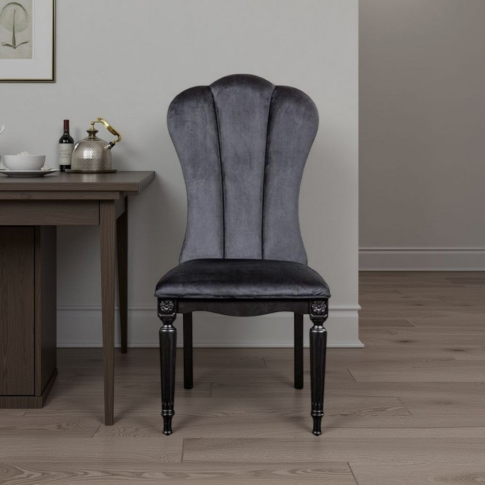 Benjara Hixe Side Dining Chair Set of 2, Scalloped, Turned Fluted Wood Legs, Black