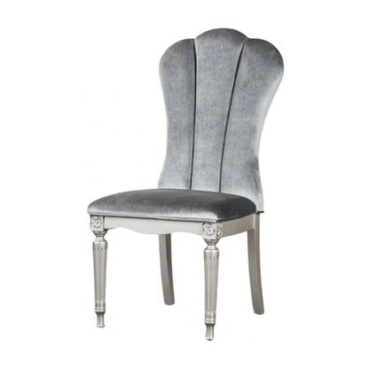 Benjara Hixe Side Dining Chair Set of 2, Silver Wood, Gray Fabric Cushioned Seats