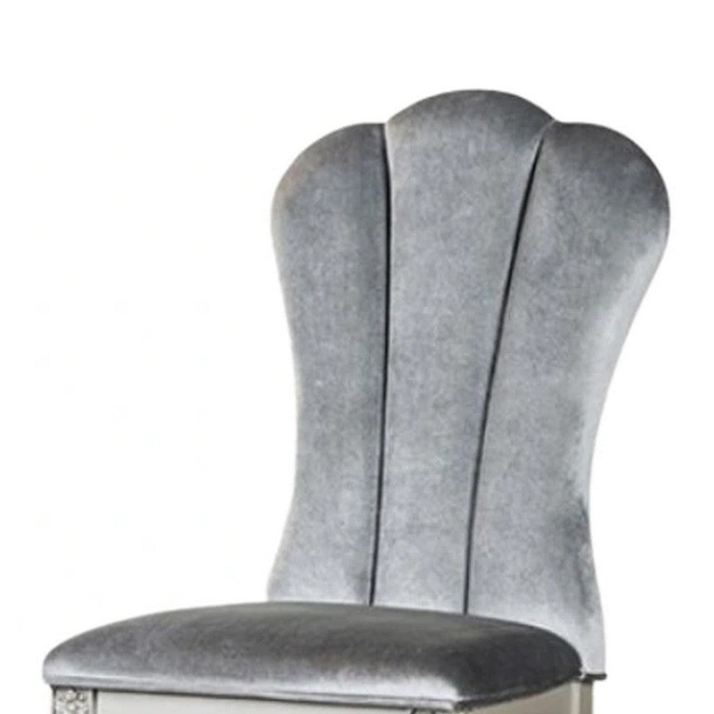 Benjara Hixe Side Dining Chair Set of 2, Silver Wood, Gray Fabric Cushioned Seats