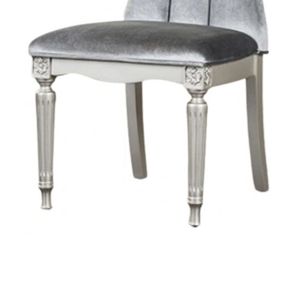 Benjara Hixe Side Dining Chair Set of 2, Silver Wood, Gray Fabric Cushioned Seats