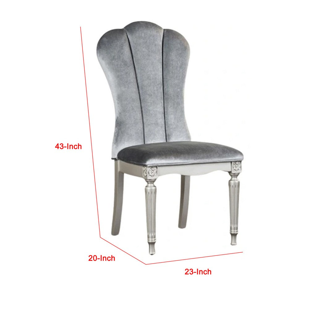Benjara Hixe Side Dining Chair Set of 2, Silver Wood, Gray Fabric Cushioned Seats