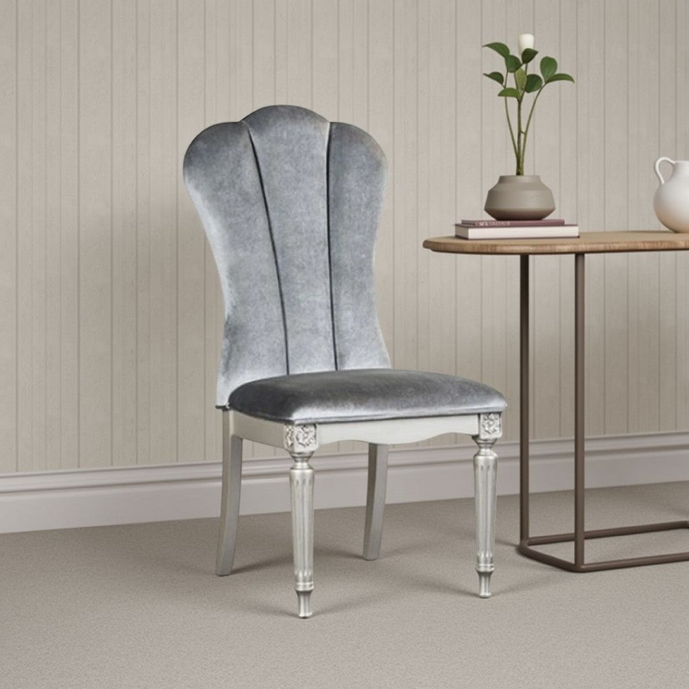 Benjara Hixe Side Dining Chair Set of 2, Silver Wood, Gray Fabric Cushioned Seats