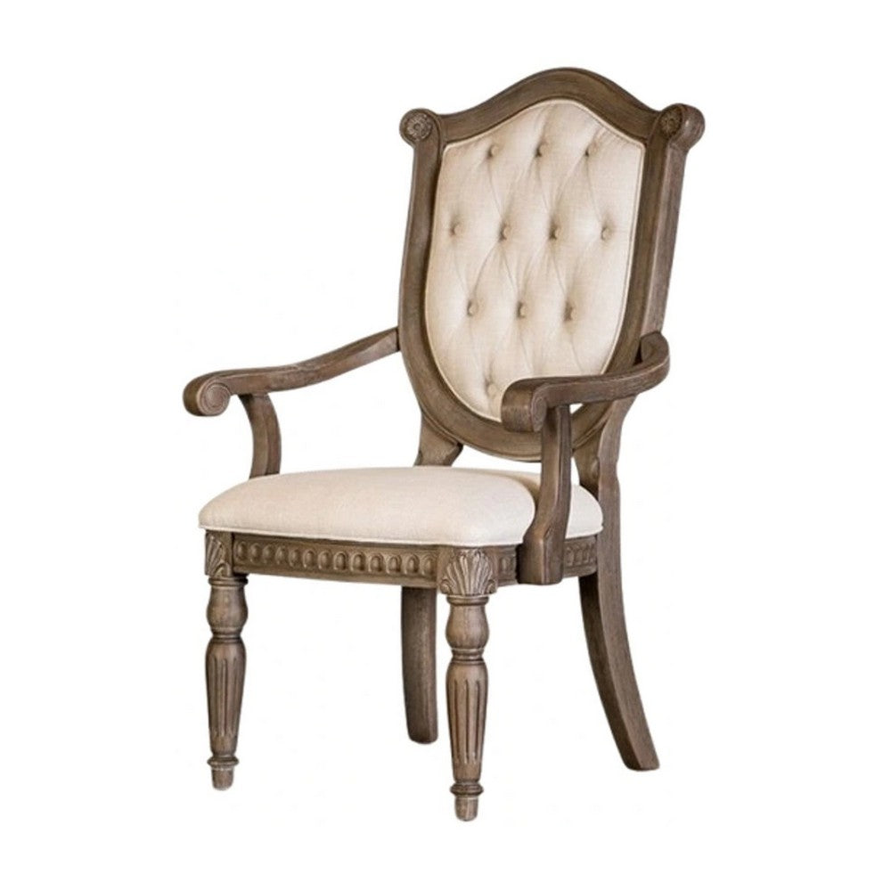 Benjara Hama Dining Armchair Set of 2, Weathered Oak Wood, Tufted Beige Fabric