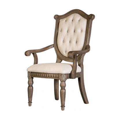 Benjara Hama Dining Armchair Set of 2, Weathered Oak Wood, Tufted Beige Fabric