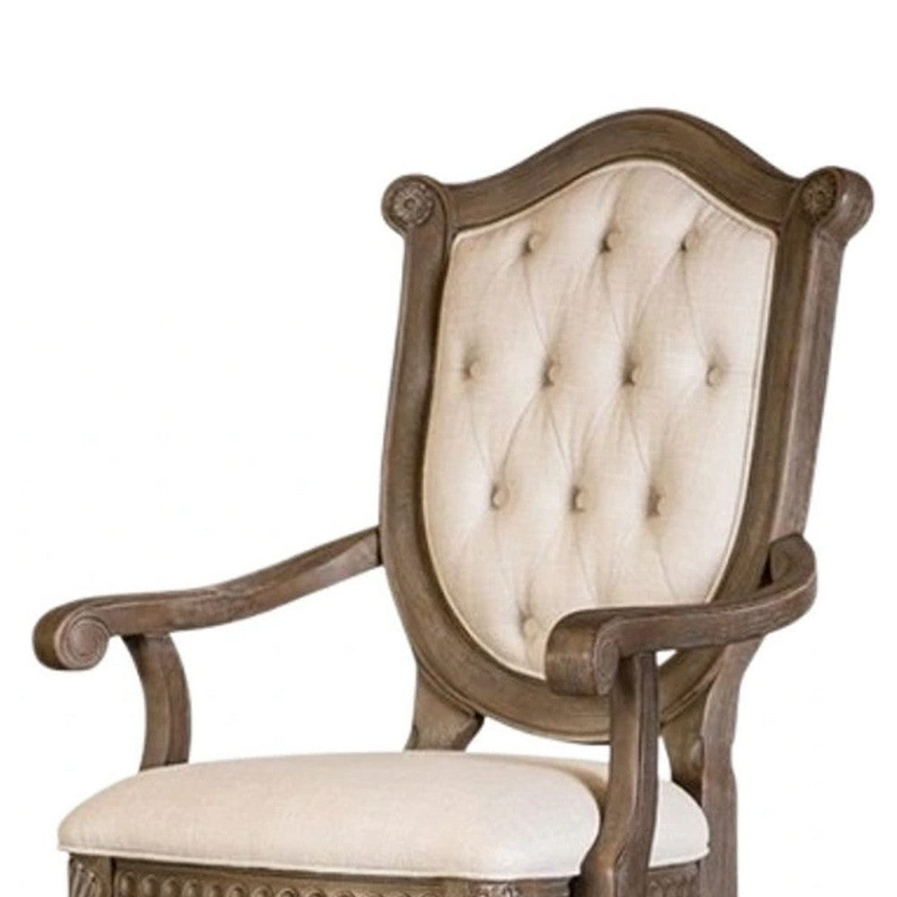 Benjara Hama Dining Armchair Set of 2, Weathered Oak Wood, Tufted Beige Fabric
