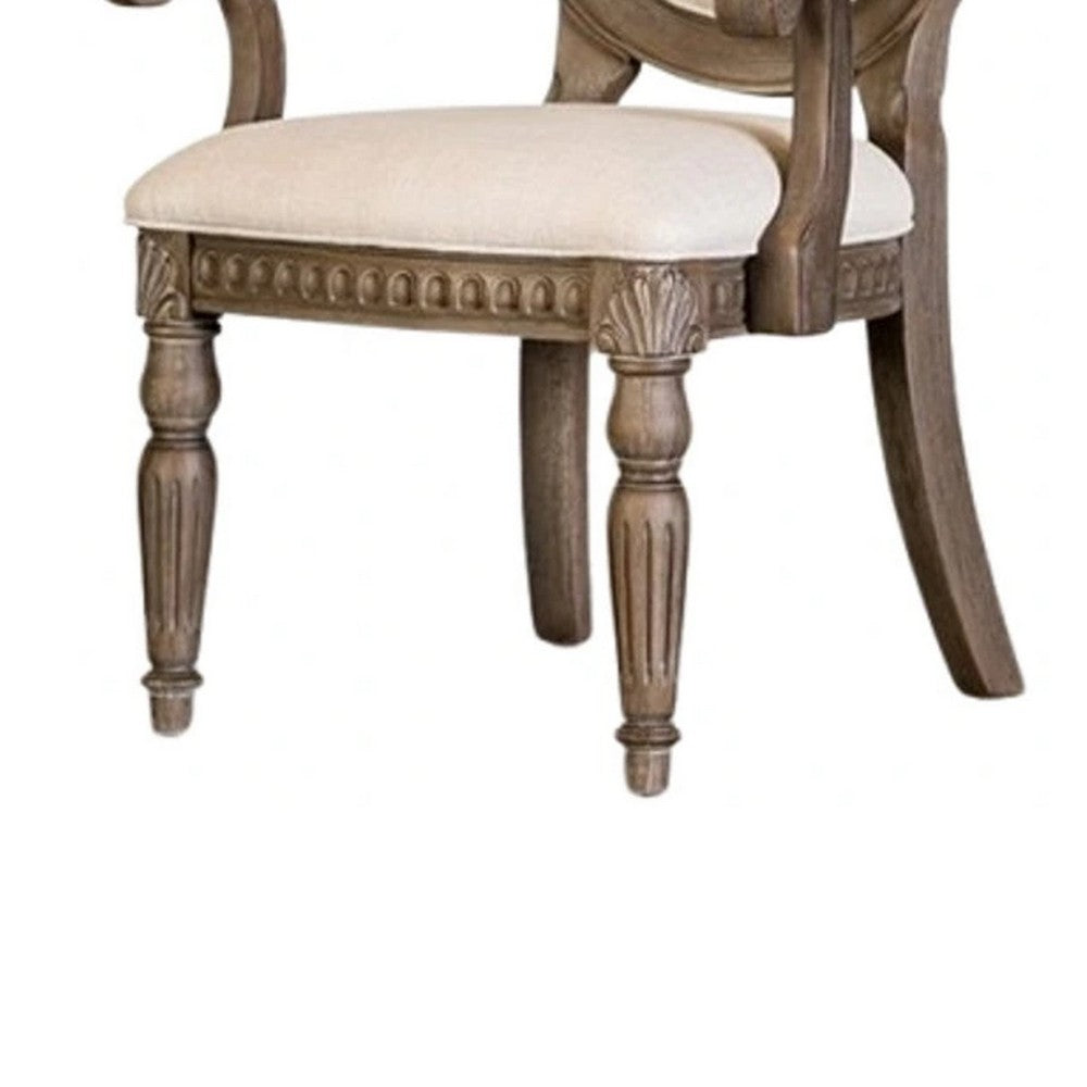 Benjara Hama Dining Armchair Set of 2, Weathered Oak Wood, Tufted Beige Fabric