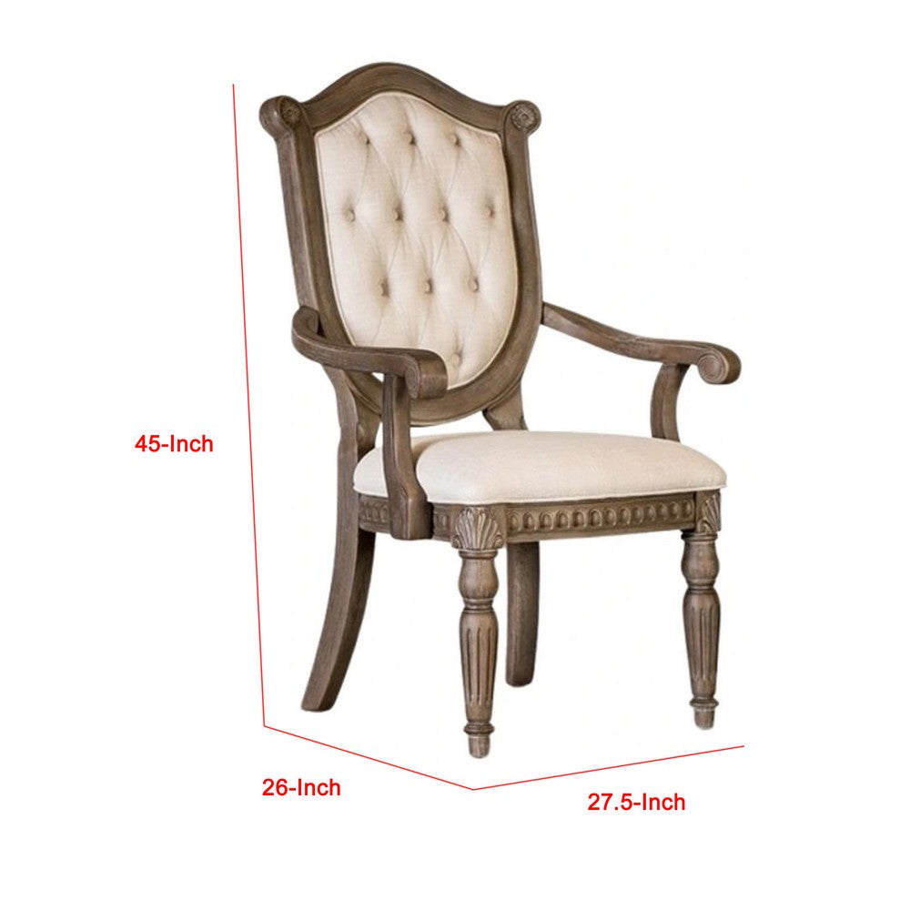 Benjara Hama Dining Armchair Set of 2, Weathered Oak Wood, Tufted Beige Fabric