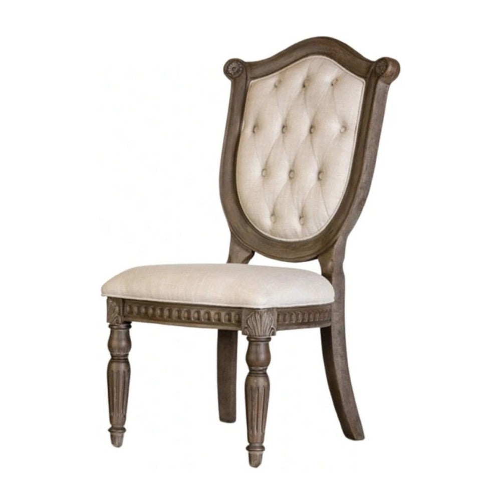 Benjara Hama Side Dining Chair Set of 2, Weathered Oak Wood, Tufted Beige Fabric