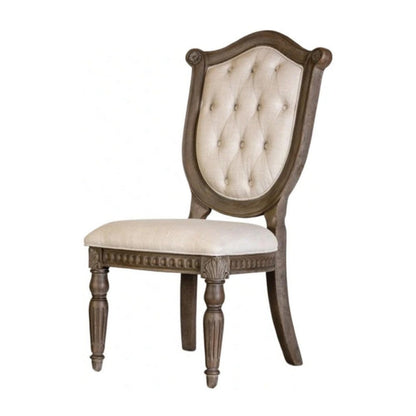 Benjara Hama Side Dining Chair Set of 2, Weathered Oak Wood, Tufted Beige Fabric