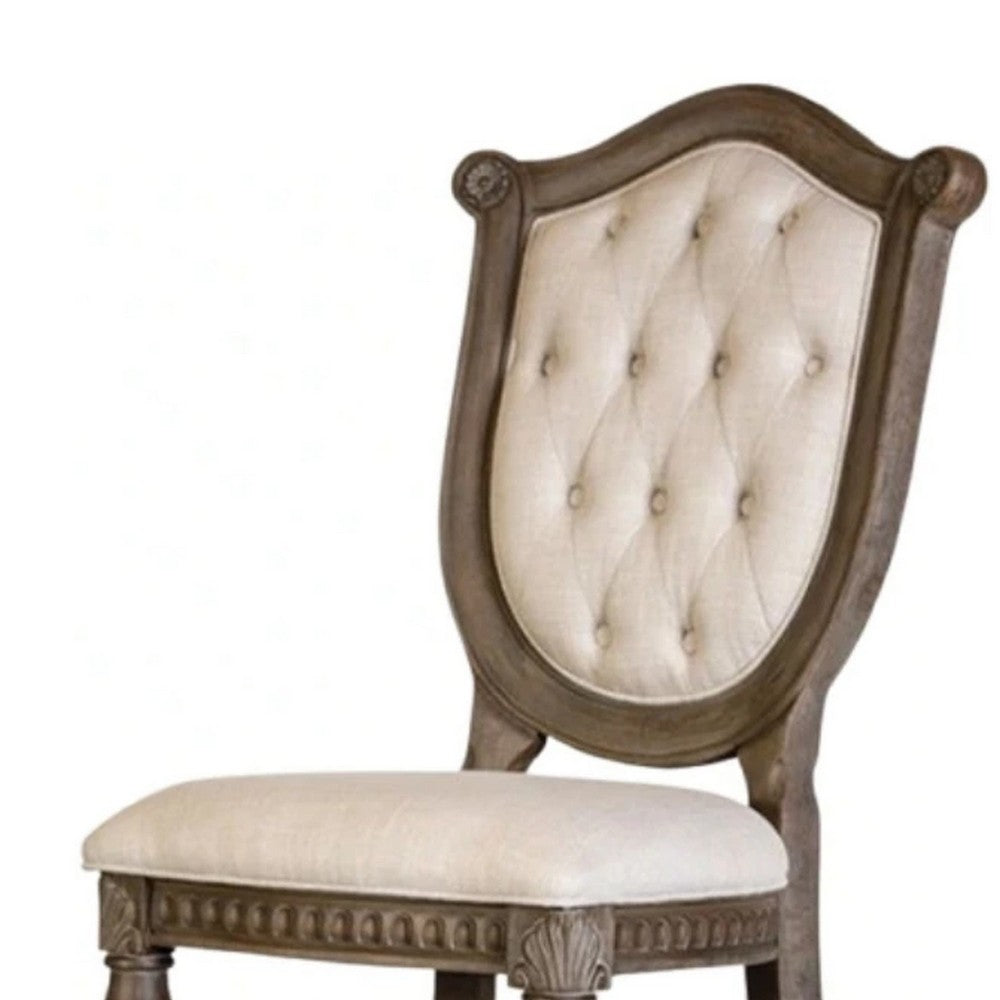Benjara Hama Side Dining Chair Set of 2, Weathered Oak Wood, Tufted Beige Fabric