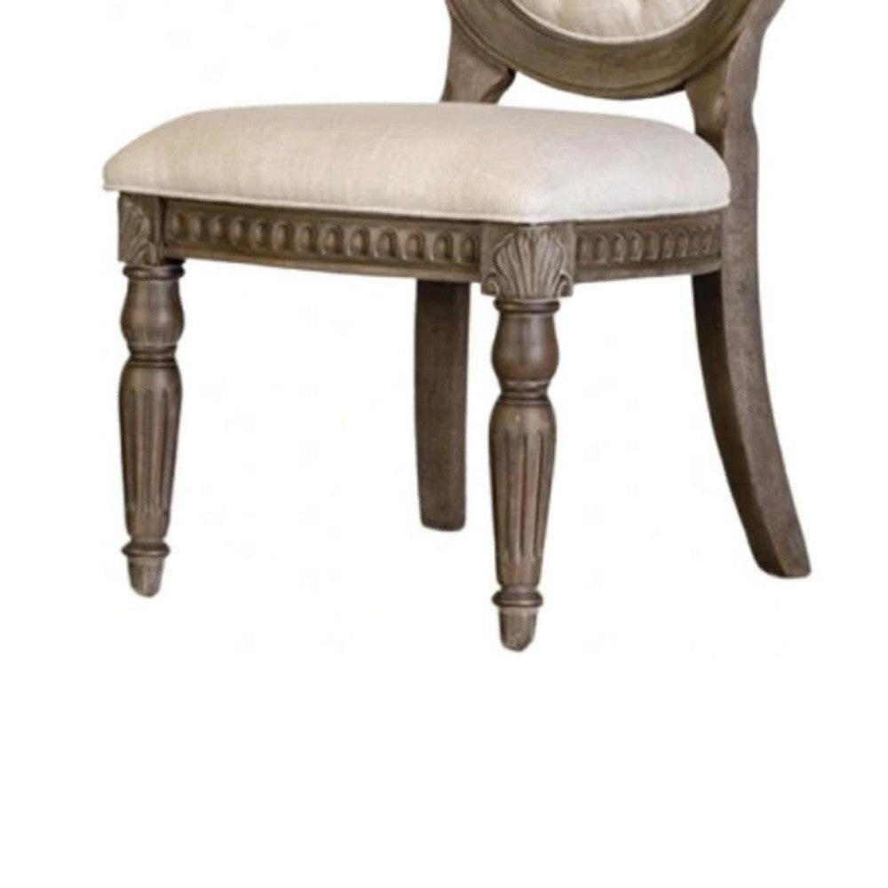 Benjara Hama Side Dining Chair Set of 2, Weathered Oak Wood, Tufted Beige Fabric