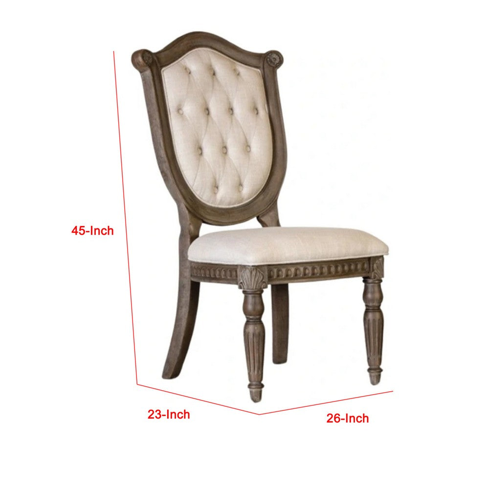 Benjara Hama Side Dining Chair Set of 2, Weathered Oak Wood, Tufted Beige Fabric