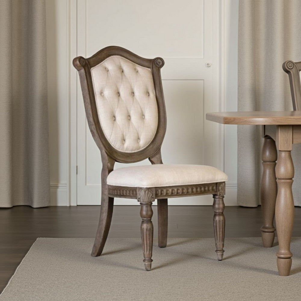 Benjara Hama Side Dining Chair Set of 2, Weathered Oak Wood, Tufted Beige Fabric