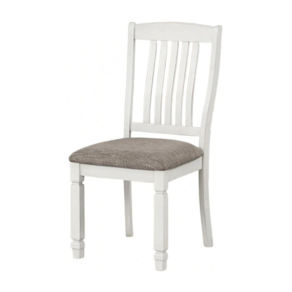 Benjara Dola Side Dining Chair Set of 2, Rustic White Wood, Gray Fabric, Slat Back