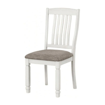Benjara Dola Side Dining Chair Set of 2, Rustic White Wood, Gray Fabric, Slat Back