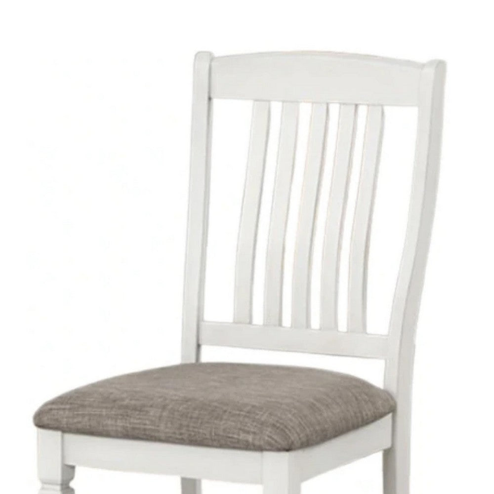 Benjara Dola Side Dining Chair Set of 2, Rustic White Wood, Gray Fabric, Slat Back