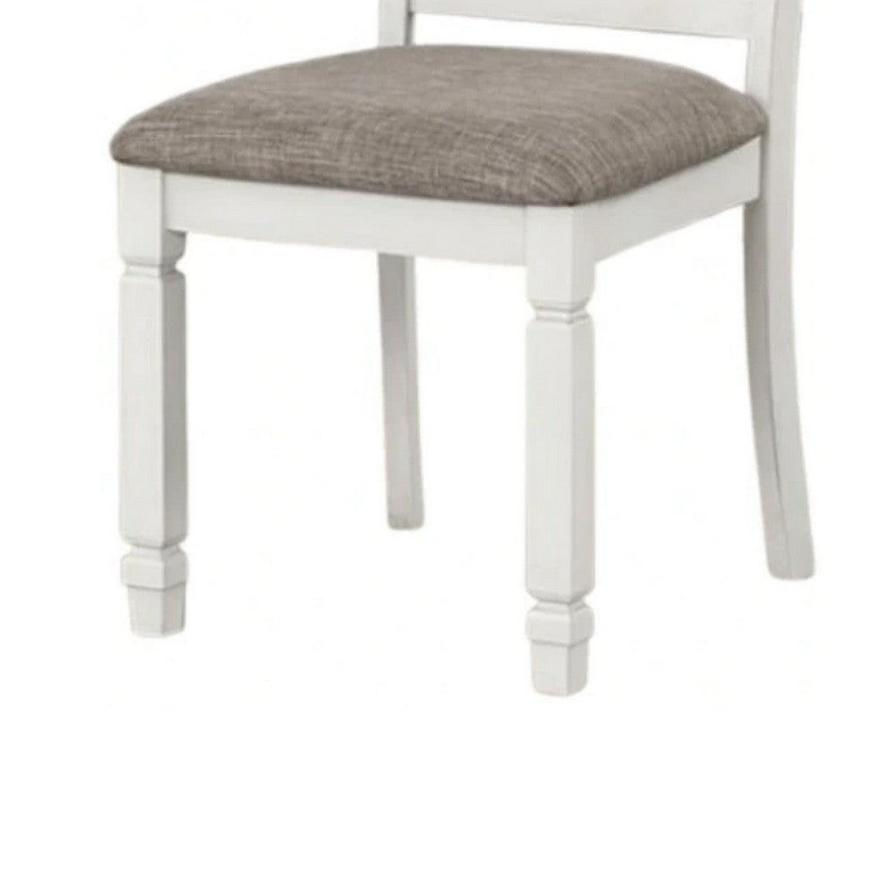 Benjara Dola Side Dining Chair Set of 2, Rustic White Wood, Gray Fabric, Slat Back