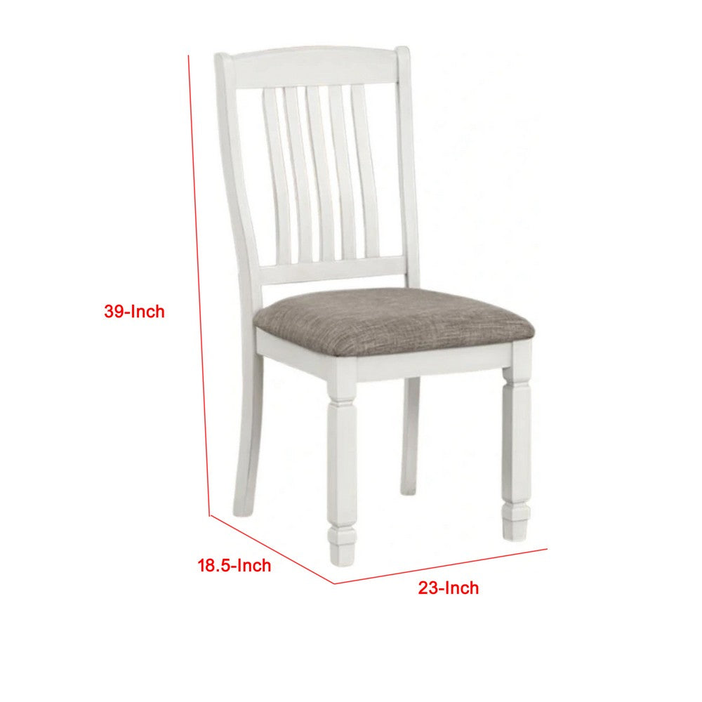Benjara Dola Side Dining Chair Set of 2, Rustic White Wood, Gray Fabric, Slat Back