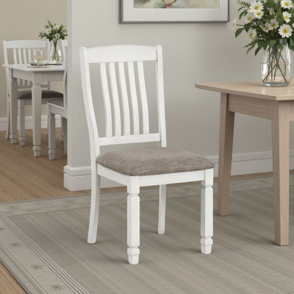 Benjara Dola Side Dining Chair Set of 2, Rustic White Wood, Gray Fabric, Slat Back