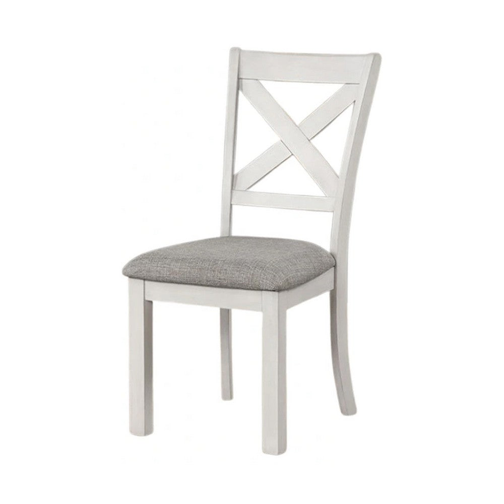 Benjara Rone Side Dining Chair Set of 2, Rustic White Rubberwood, Gray Fabric