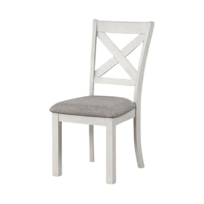 Benjara Rone Side Dining Chair Set of 2, Rustic White Rubberwood, Gray Fabric