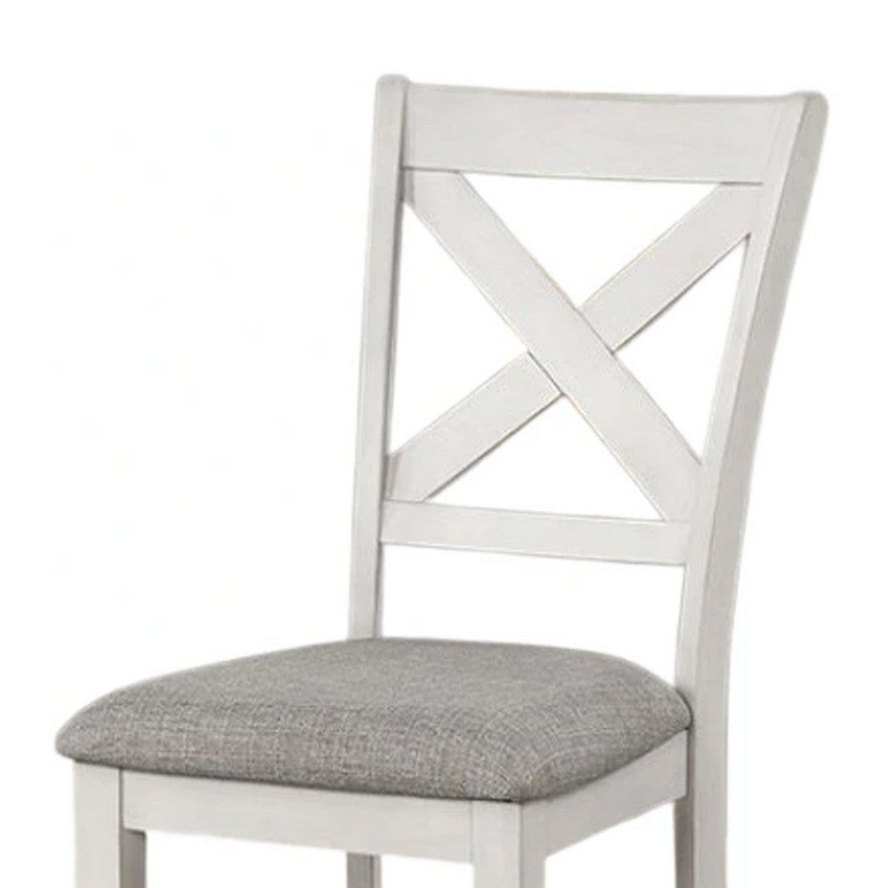 Benjara Rone Side Dining Chair Set of 2, Rustic White Rubberwood, Gray Fabric