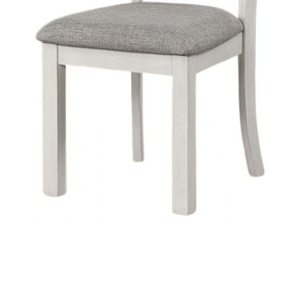 Benjara Rone Side Dining Chair Set of 2, Rustic White Rubberwood, Gray Fabric