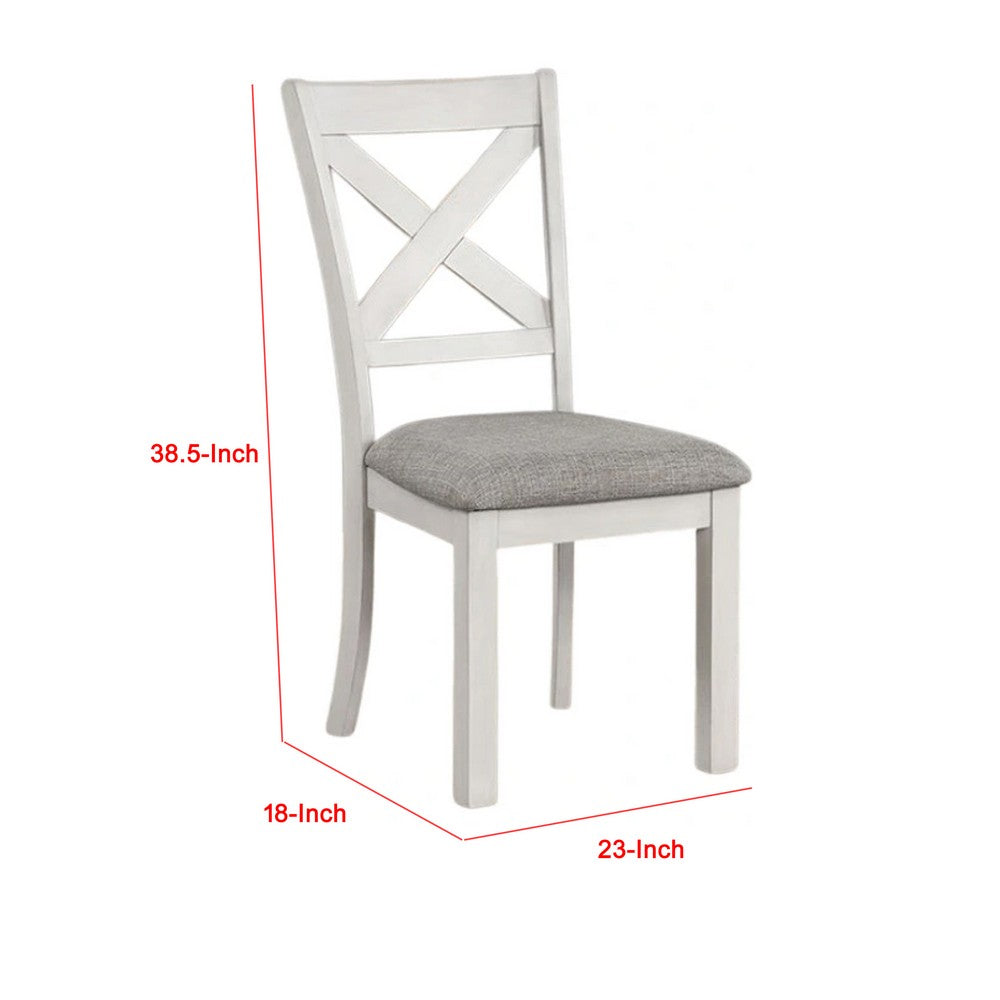 Benjara Rone Side Dining Chair Set of 2, Rustic White Rubberwood, Gray Fabric