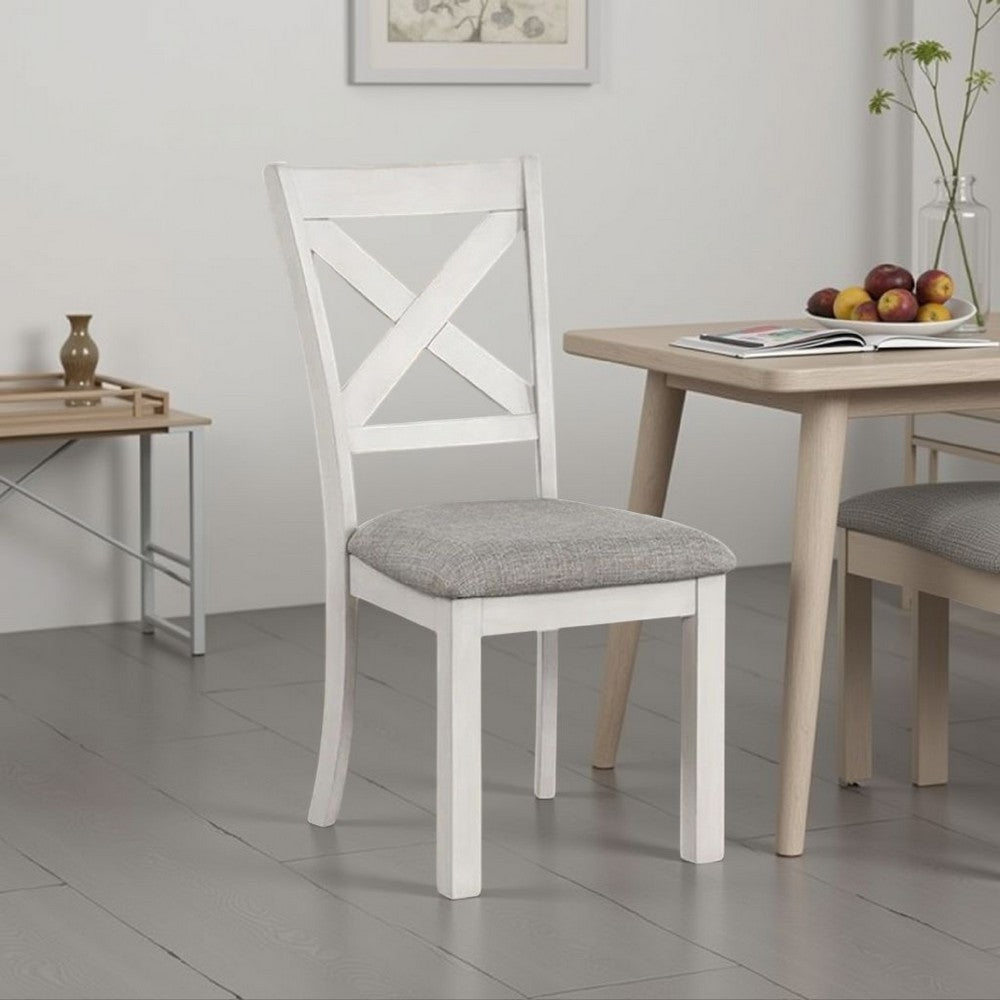 Benjara Rone Side Dining Chair Set of 2, Rustic White Rubberwood, Gray Fabric