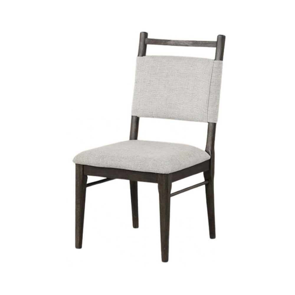 Benjara Oline Side Dining Chair Set of 2, Dark Walnut Brown Wood, Light Gray Fabric
