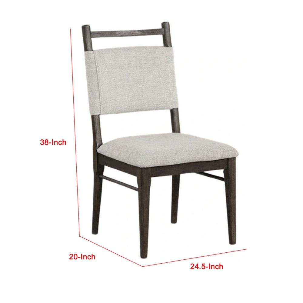 Benjara Oline Side Dining Chair Set of 2, Dark Walnut Brown Wood, Light Gray Fabric