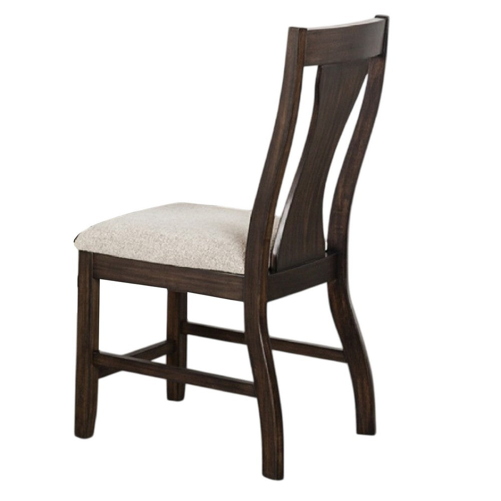 Benjara Hols Side Dining Chair Set of 2, Espresso Brown Wood Slatted Back, White Fabric