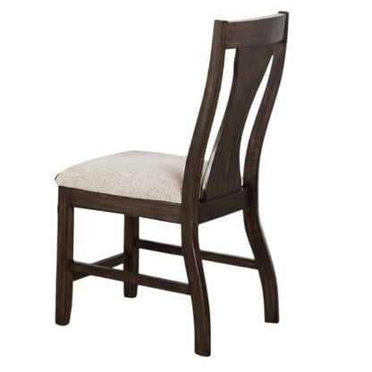 Benjara Hols Side Dining Chair Set of 2, Espresso Brown Wood Slatted Back, White Fabric