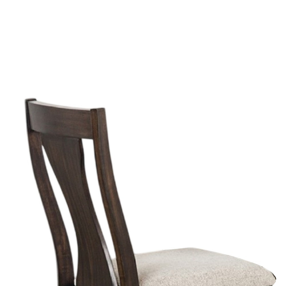 Benjara Hols Side Dining Chair Set of 2, Espresso Brown Wood Slatted Back, White Fabric