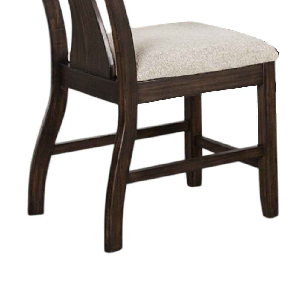 Benjara Hols Side Dining Chair Set of 2, Espresso Brown Wood Slatted Back, White Fabric