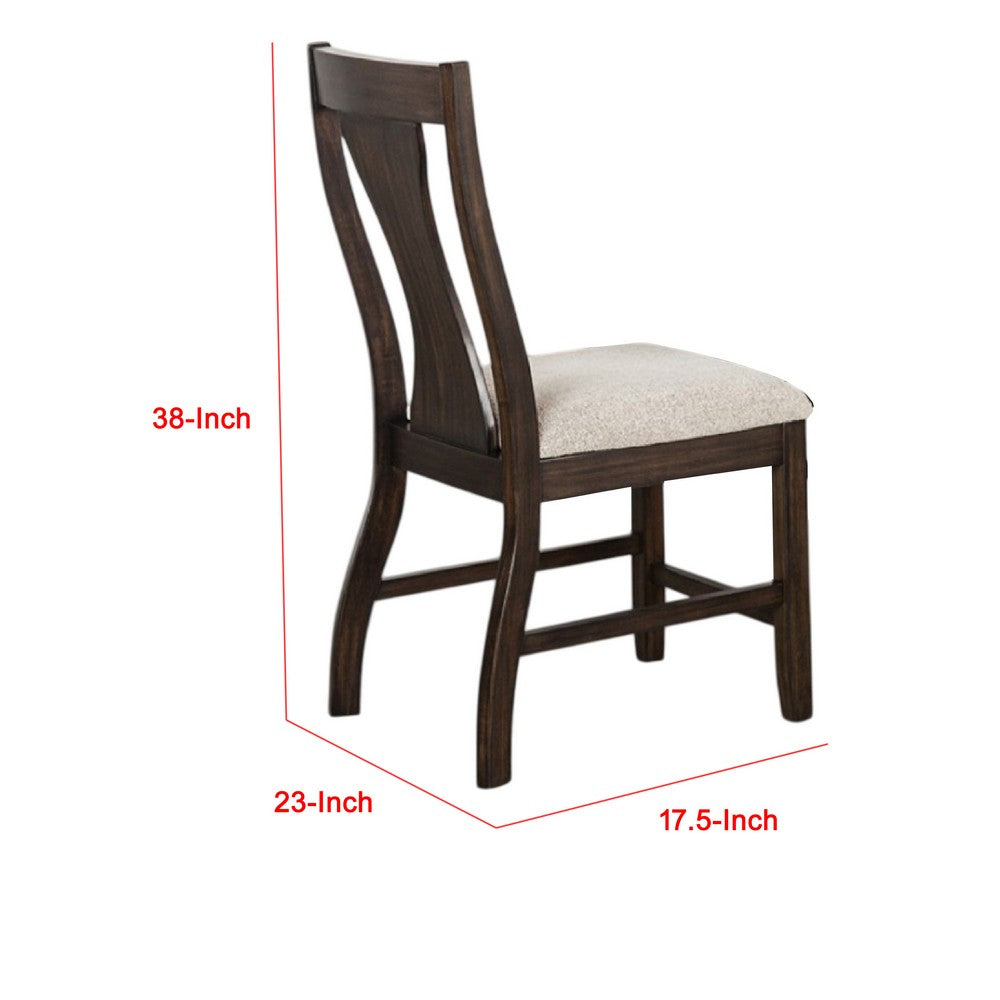 Benjara Hols Side Dining Chair Set of 2, Espresso Brown Wood Slatted Back, White Fabric