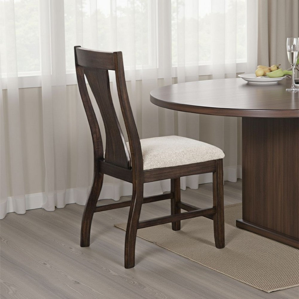 Benjara Hols Side Dining Chair Set of 2, Espresso Brown Wood Slatted Back, White Fabric