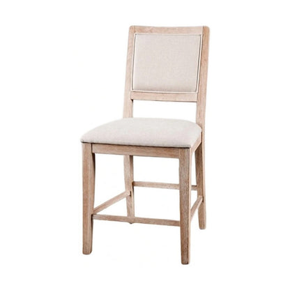 Benjara Ellon Counter Chair Set of 2, Distressed Natural Brown Wood, Cream Fabric