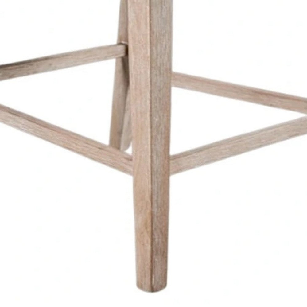 Benjara Ellon Counter Chair Set of 2, Distressed Natural Brown Wood, Cream Fabric