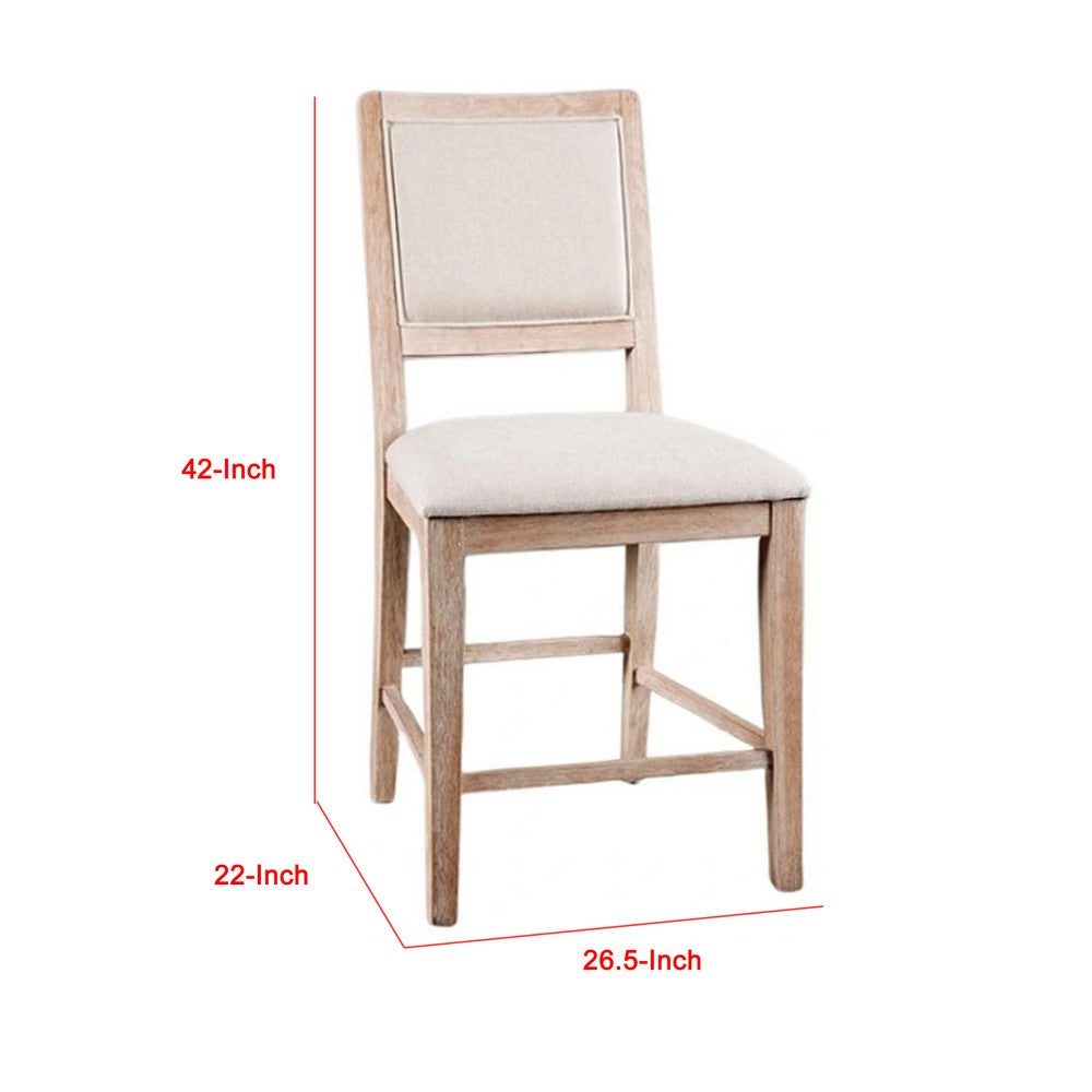 Benjara Ellon Counter Chair Set of 2, Distressed Natural Brown Wood, Cream Fabric