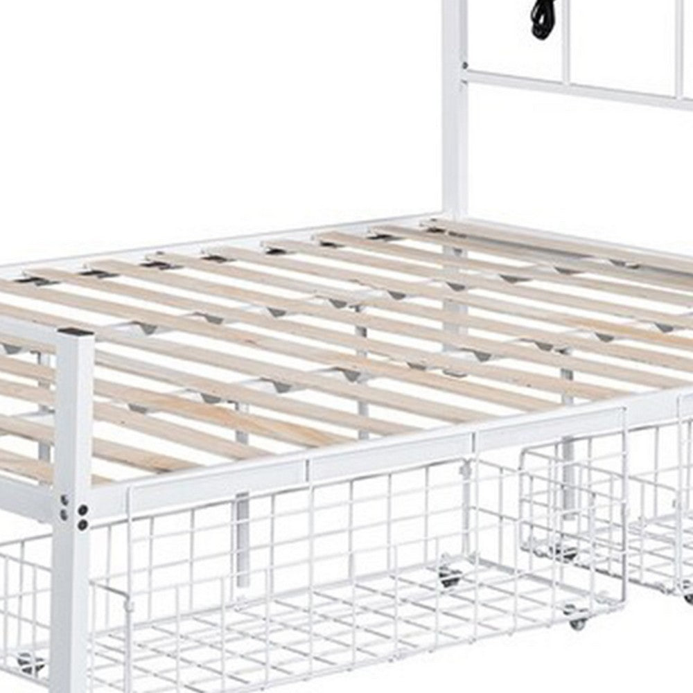 Benjara Nix Queen Size Bed w Underbed Storage, Slatted White Metal Headboard