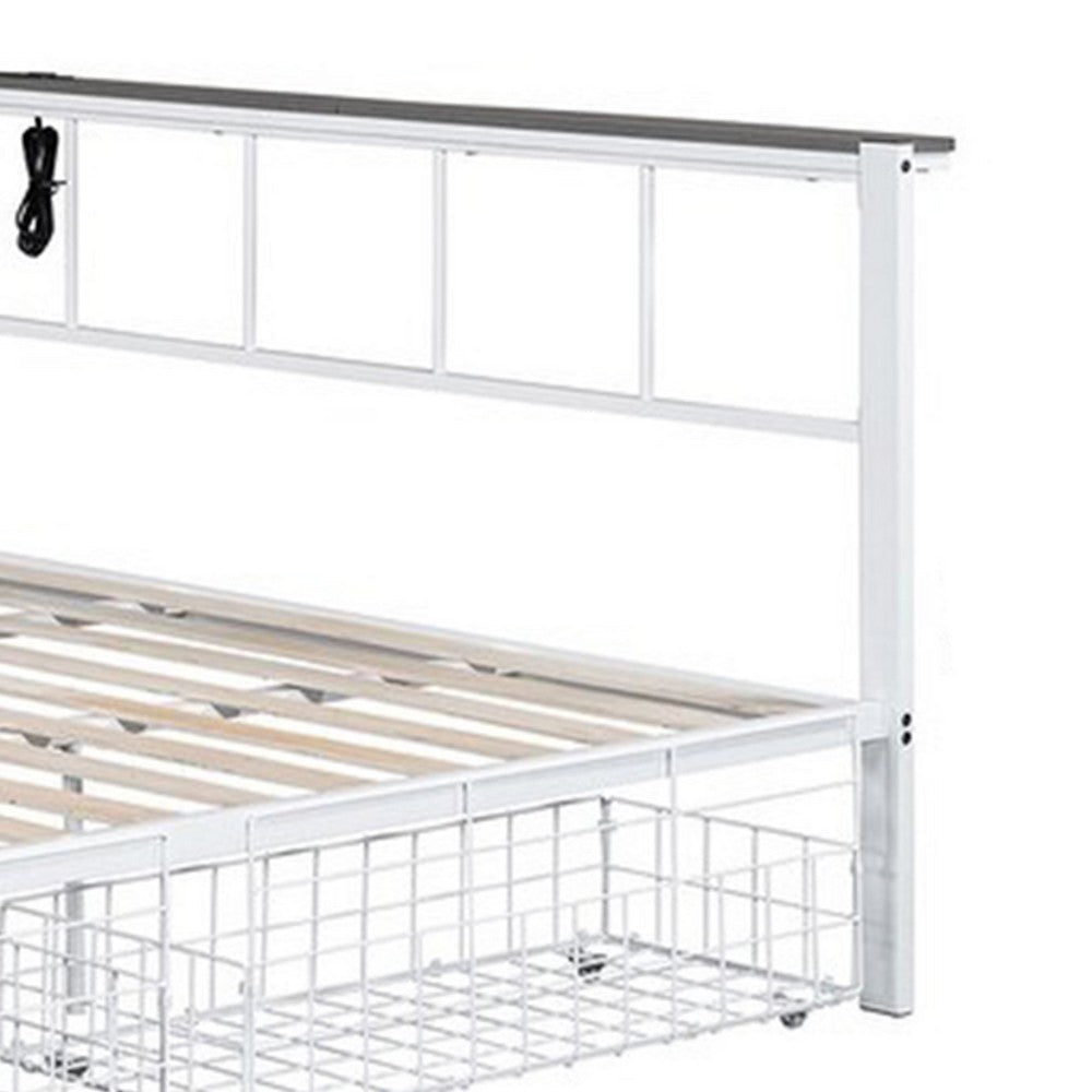 Benjara Nix Queen Size Bed w Underbed Storage, Slatted White Metal Headboard