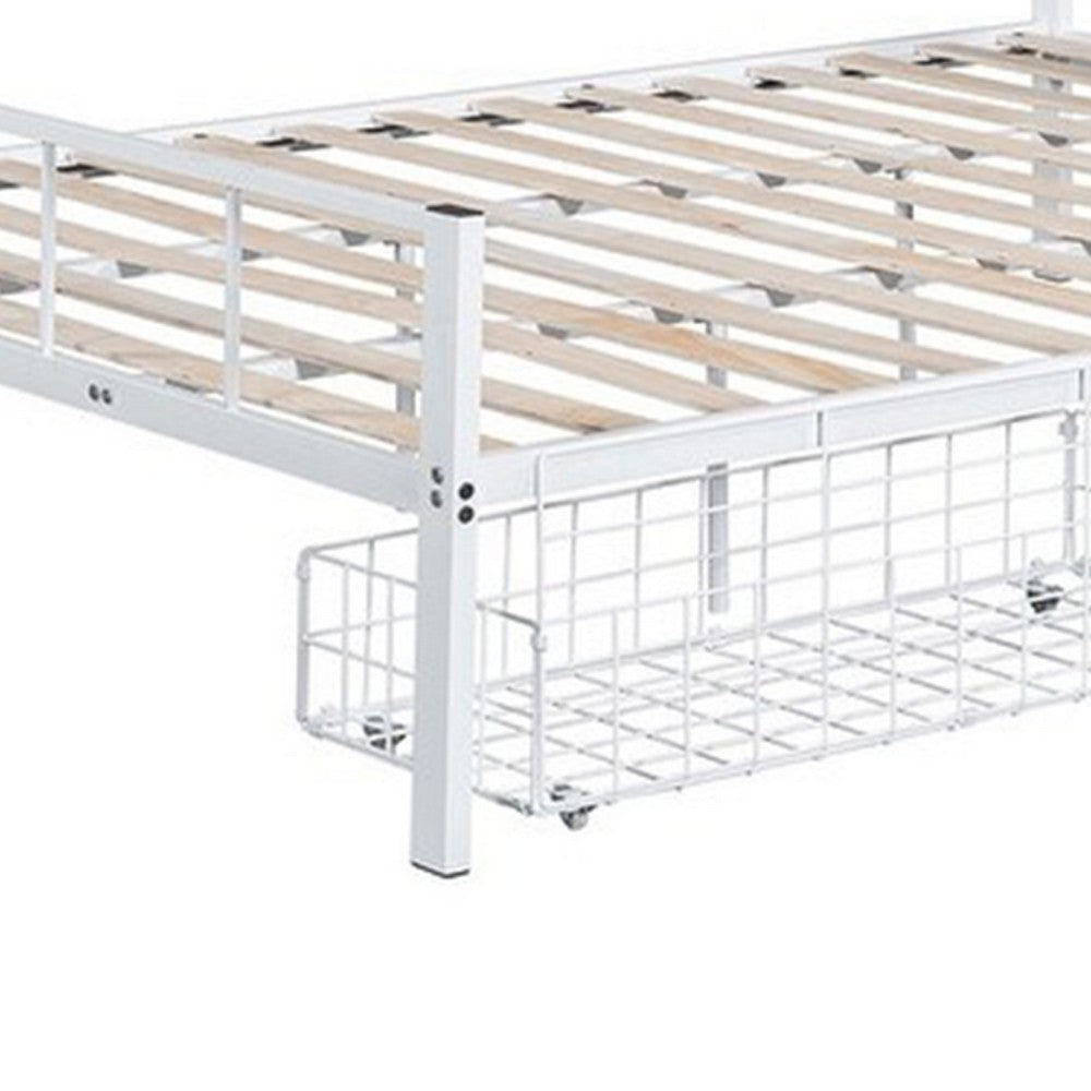 Benjara Nix Queen Size Bed w Underbed Storage, Slatted White Metal Headboard