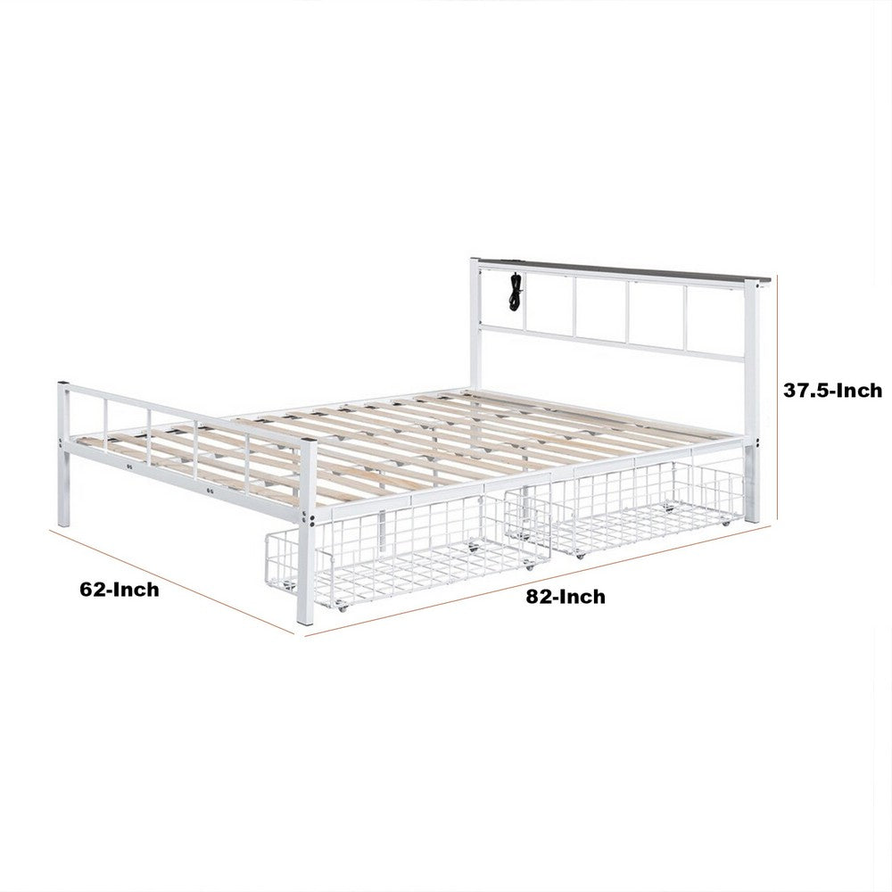 Benjara Nix Queen Size Bed w Underbed Storage, Slatted White Metal Headboard