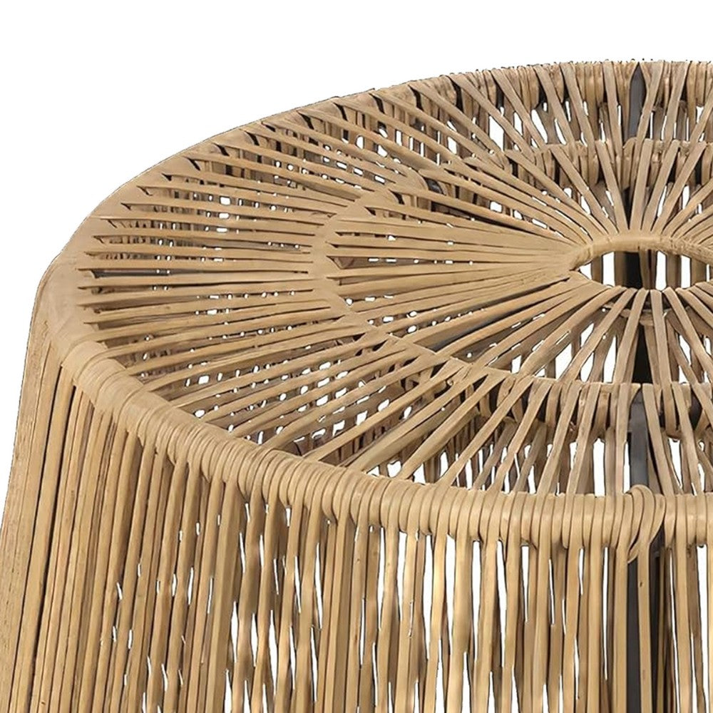 Benjara Zyan Outdoor Coffee Table, 22 Inch Natural Brown Rattan Wicker, Steel Frame